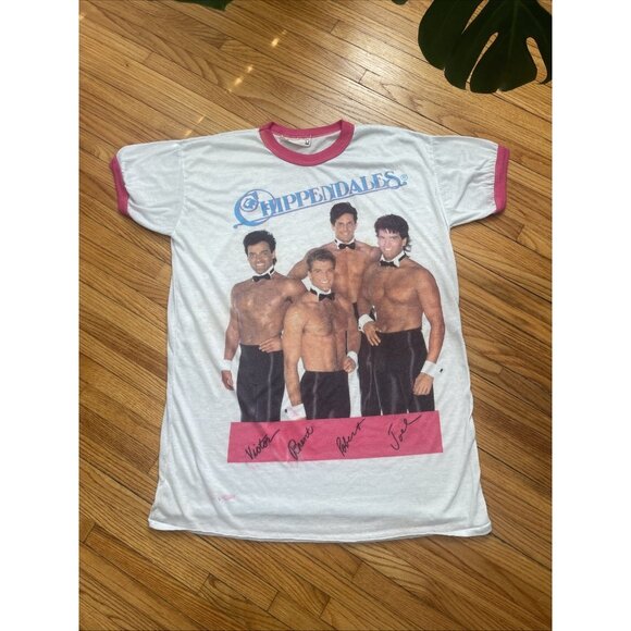 Vintage 80s OSFA Chippendales Ringer Sleeper Stripper Gay Single Stitch T-Shirt - Picture 1 of 8